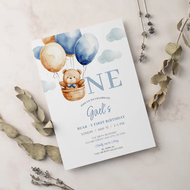 Teddy Bear Blue Balloon First Birthday Invitation | Zazzle