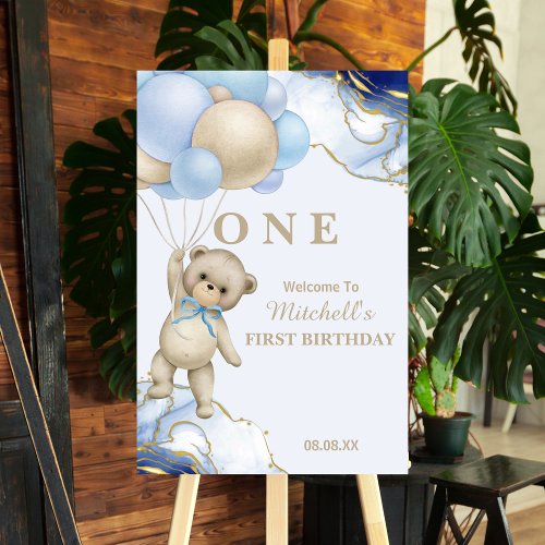 Teddy Bear Blue Balloon First Birthday Welcome  Foam Board