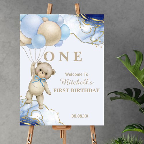 Teddy Bear Blue Balloon First Birthday Welcome  Foam Board
