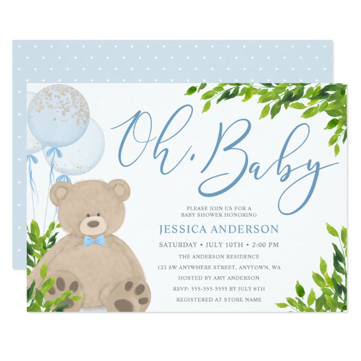 Teddy Bear Blue Balloon Greenery Boy Baby Shower Invitation | Zazzle.com