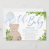Teddy Bear Blue Balloon Greenery Boy Baby Shower Invitation (Front)