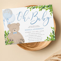 Teddy Bear Blue Balloon Greenery Boy Baby Shower Invitation