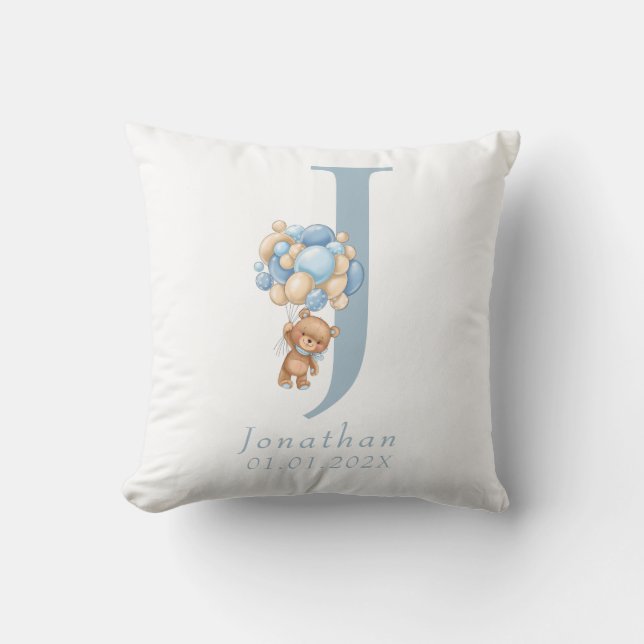 Teddy Bear Blue Balloon Name  Throw Pillow (Front)