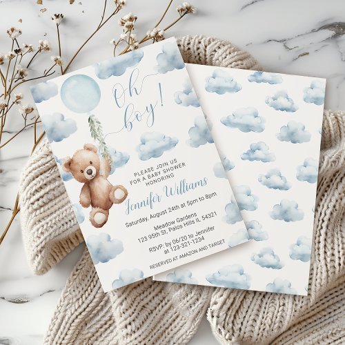 Teddy Bear Blue Balloon Oh Boy Baby Shower Invitation