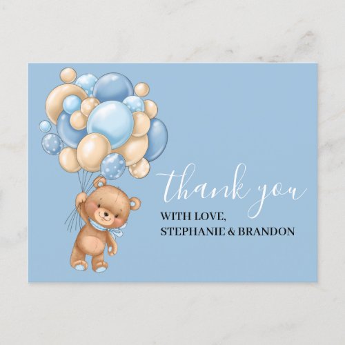 Teddy Bear BLUE Balloon Thank You  Card