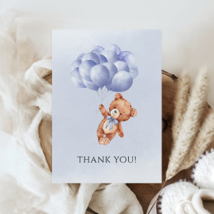 Teddy Bear Blue Balloon Watercolor Boy Baby Shower Thank You Card