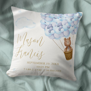 Teddy Bear Blue Balloons Baby Boy Birth Stats Throw Pillow
