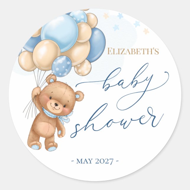 Teddy Bear Blue Balloons Baby Shower Classic Round Sticker (Front)