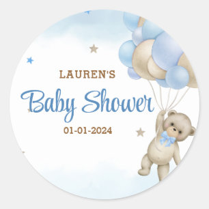 Teddy Bear Blue Balloons Baby Shower Classic Round Sticker