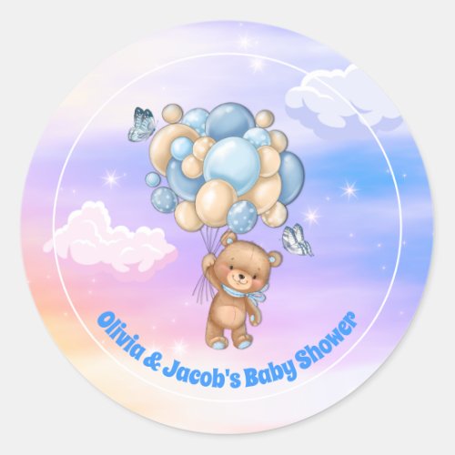 Teddy Bear Blue Balloons Baby Shower Classic Round Sticker