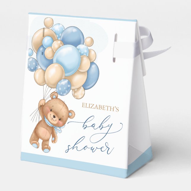 Teddy Bear Blue Balloons Baby Shower Favor Box (Back Side)
