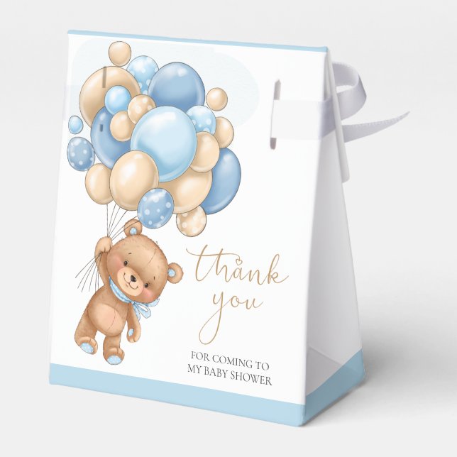 Teddy Bear Blue Balloons Baby Shower Favor Box (Back Side)