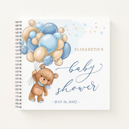 Teddy Bear Blue Balloons Baby Shower Guest Book