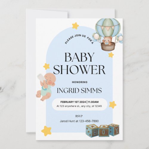 Teddy Bear Blue Balloons Baby Shower Invitation