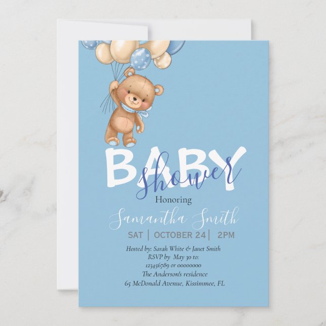 Teddy Bear, blue Balloons Baby Shower Invitation (Front)