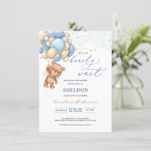 Teddy Bear Blue Balloons Baby Shower Invitation Zazzle