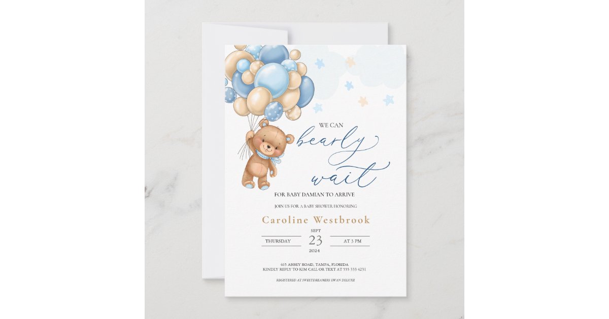 Teddy Bear Blue Balloons Baby Shower Invitation Zazzle