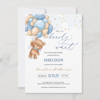 Teddy Bear Blue Balloons Baby Shower Invitation by IrinaFraser at Zazzle