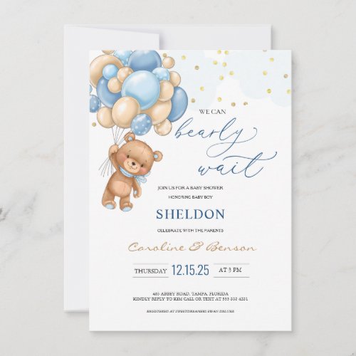 Teddy Bear Blue Balloons Baby Shower Invitation