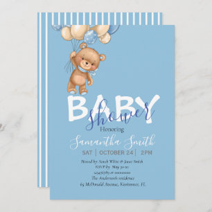 Teddy Bear, blue Balloons Baby Shower Invitation