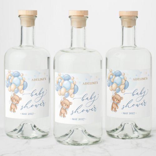 Teddy Bear Blue Balloons  Baby Shower Liquor Bottle Label