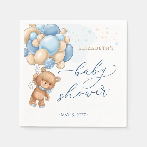 Teddy Bear Blue Balloons Baby Shower Napkins