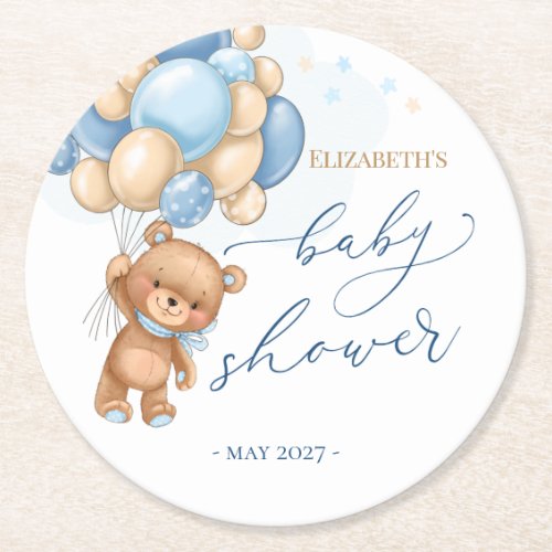 Teddy Bear Blue Balloons Baby Shower Paper Coaster