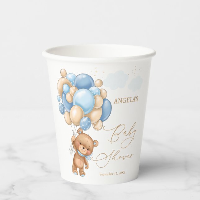 Teddy Bear Blue Balloons Baby Shower  Paper Cups (Front)