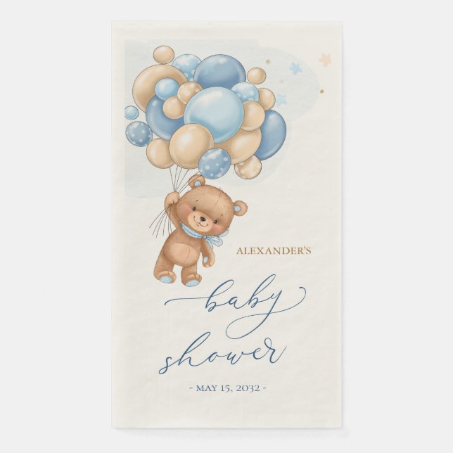 Teddy Bear Blue Balloons Baby Shower Paper Guest Towels (Front)