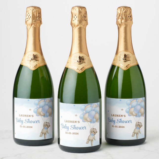 Teddy Bear Blue Balloons Baby Shower Sparkling Wine Label (Bottles)