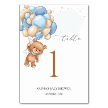 Teddy Bear Blue Balloons Baby Shower Table Number by IrinaFraser at Zazzle