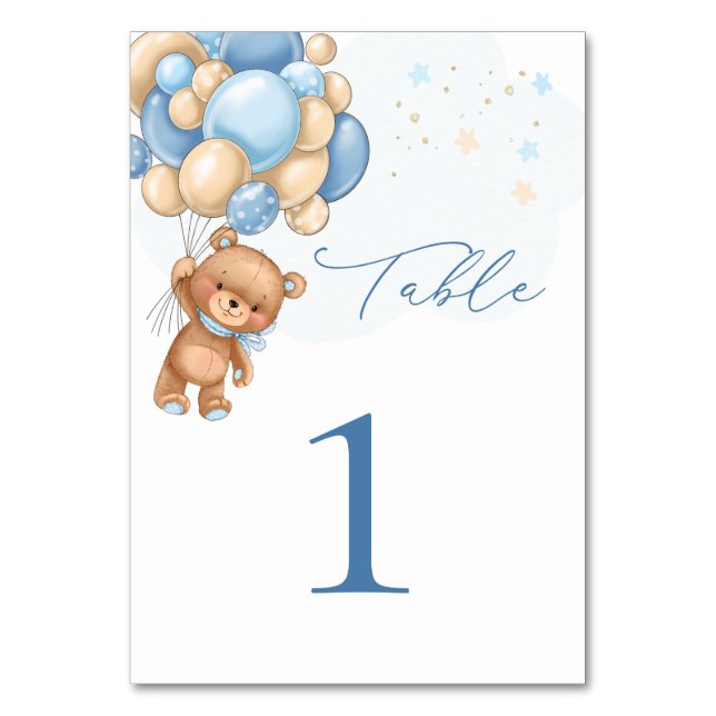Teddy Bear Blue Balloons Baby Shower Table Number (Front)