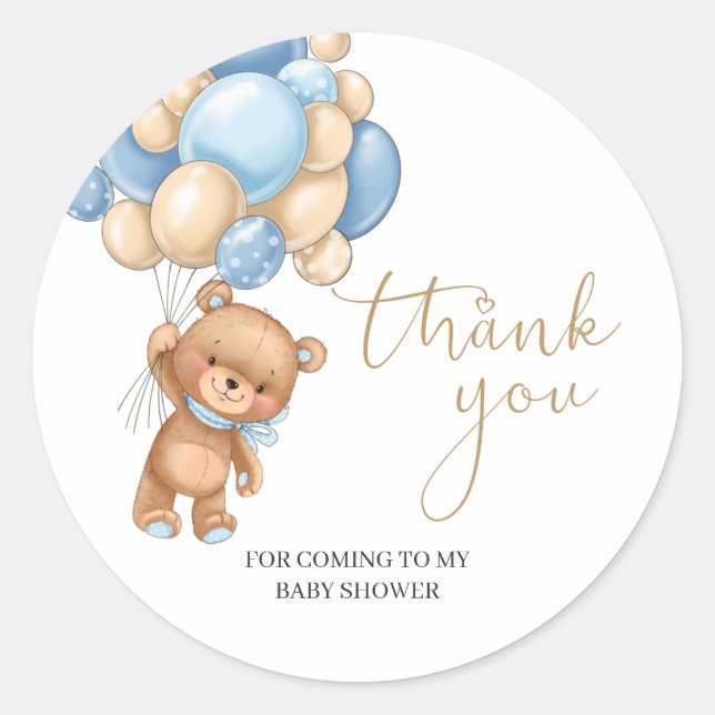 Teddy Bear Blue Balloons Baby Shower Thank You Classic Round Sticker (Front)