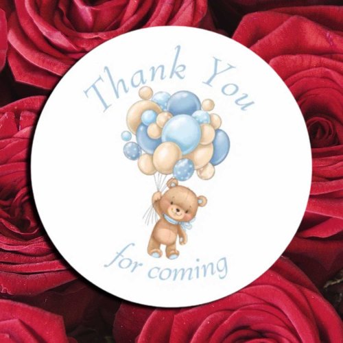 Teddy Bear Blue Balloons Baby Shower Thank You Classic Round Sticker