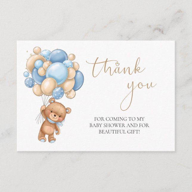 Teddy Bear Blue Balloons Baby Shower Thank You Enclosure Card (Front)