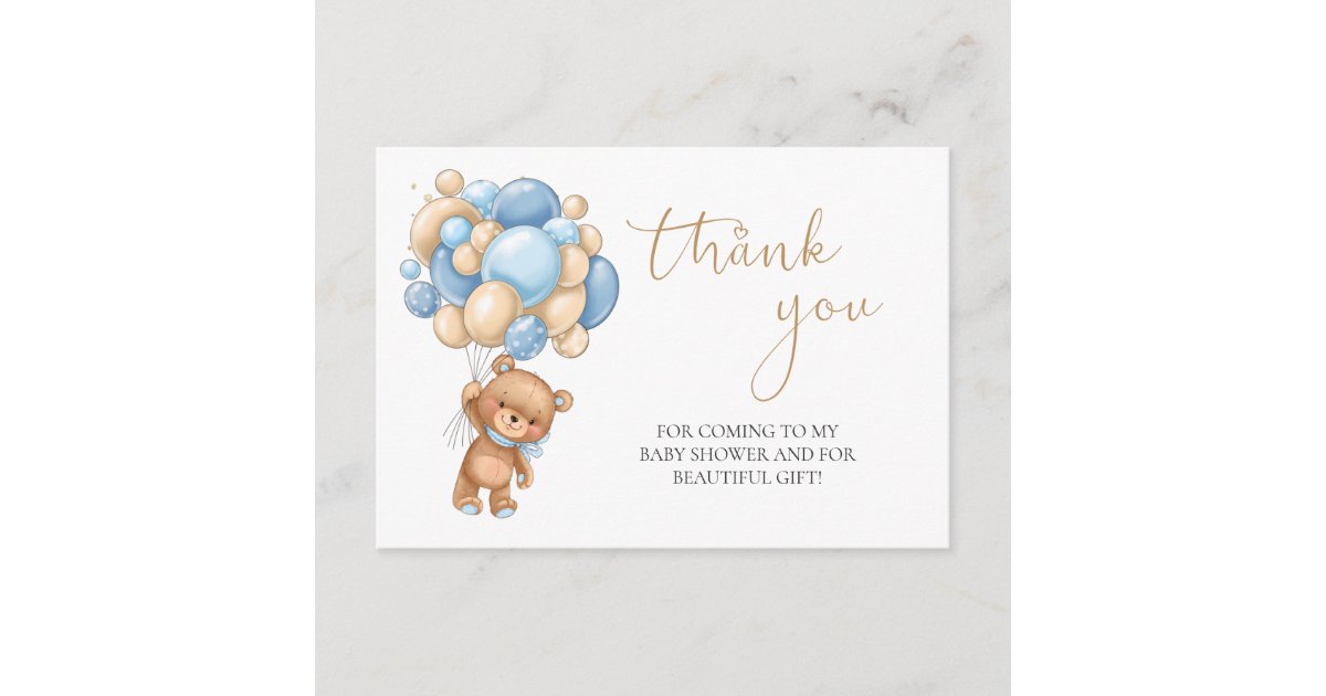 Teddy Bear Blue Balloons Baby Shower Thank You Enclosure Card Zazzle