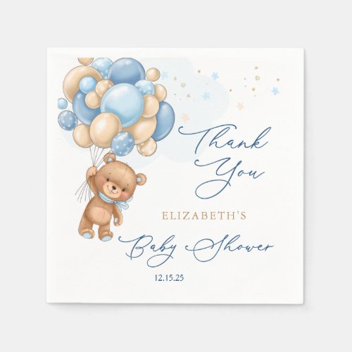 Teddy Bear Blue Balloons Baby Shower Thank You  Napkins