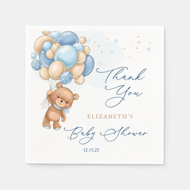 Teddy Bear Blue Balloons Baby Shower Thank You  Napkins (Front)