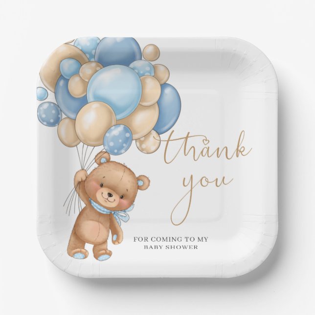 Teddy Bear Blue Balloons Baby Shower Thank You  Pa Paper Plates (Front)