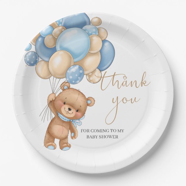 Teddy Bear Blue Balloons Baby Shower Thank You  Paper Plates (Front)