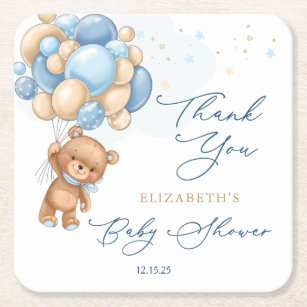 Teddy Bear Blue Balloons Baby Shower Thank You  Square Paper Coaster