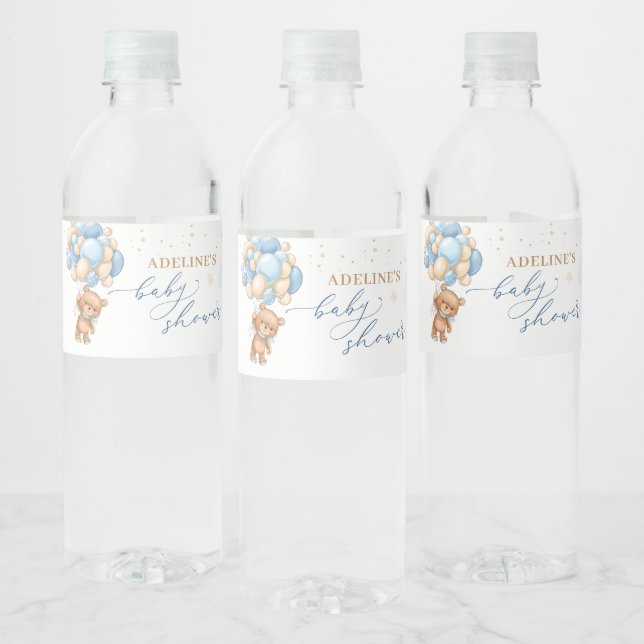 Teddy Bear Blue Balloons  Baby Shower Water Bottle Label (Bottles)
