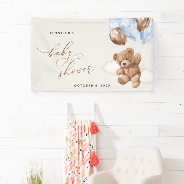 Teddy Bear, Blue Balloons, Baby Shower Welcome Banner (Insitu)