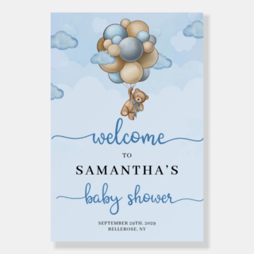 Teddy bear blue balloons baby shower welcome foam board