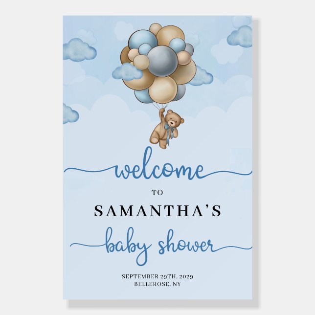 Teddy bear blue balloons baby shower welcome foam board (Front)