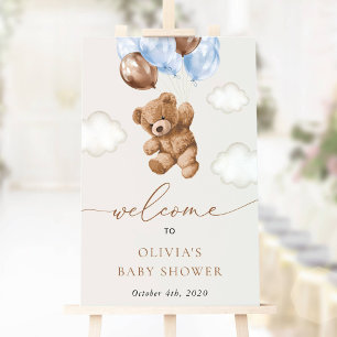 Teddy Bear, Blue Balloons, Baby Shower Welcome Poster