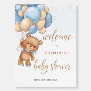 Teddy Bear Blue Balloons Baby Shower Welcome Sign by IrinaFraser at Zazzle