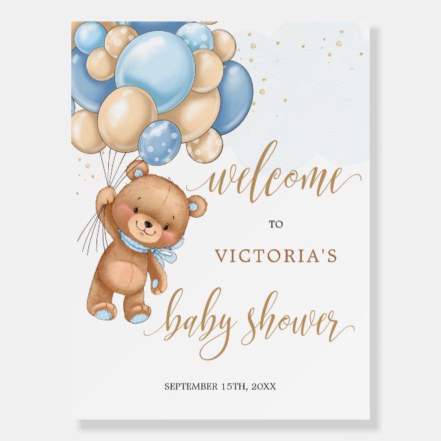 Teddy Bear Blue Balloons Baby Shower Welcome Sign (Front)