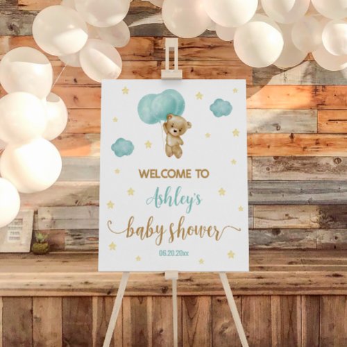 Teddy Bear Blue Balloons Baby Shower Welcome Sign