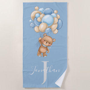 Teddy Bear Blue Balloons beach towel for kids